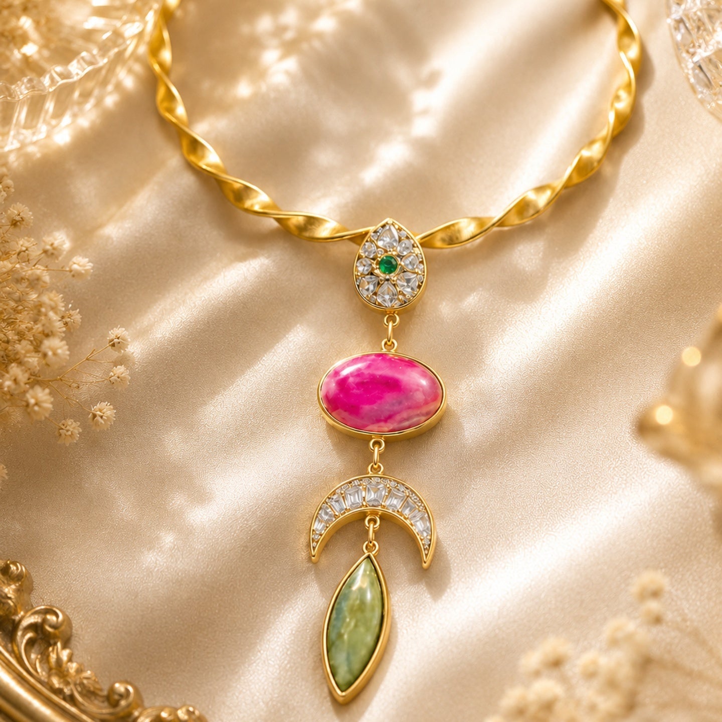 18 Kt Gold Plated Pink Agate Statement Hasli Necklace for Women - Decorated with precious stones with mosonite - without earrings