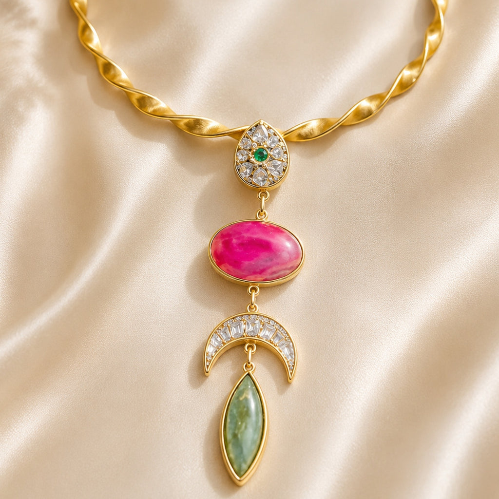 18 Kt Gold Plated Pink Agate Statement Hasli Necklace for Women - Decorated with precious stones with mosonite - without earrings