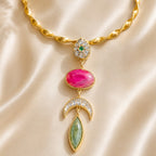 18 Kt Gold Plated Pink Agate Statement Hasli Necklace for Women - Decorated with precious stones with mosonite - without earrings