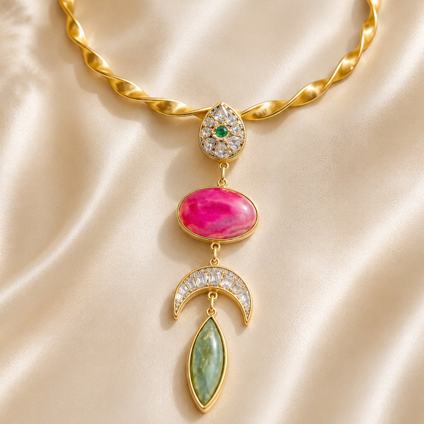 18 Kt Gold Plated Pink Agate Statement Hasli Necklace for Women - Decorated with precious stones with mosonite - without earrings