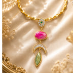 18 Kt Gold Plated Pink Agate Statement Hasli Necklace for Women - Decorated with precious stones with mosonite - without earrings