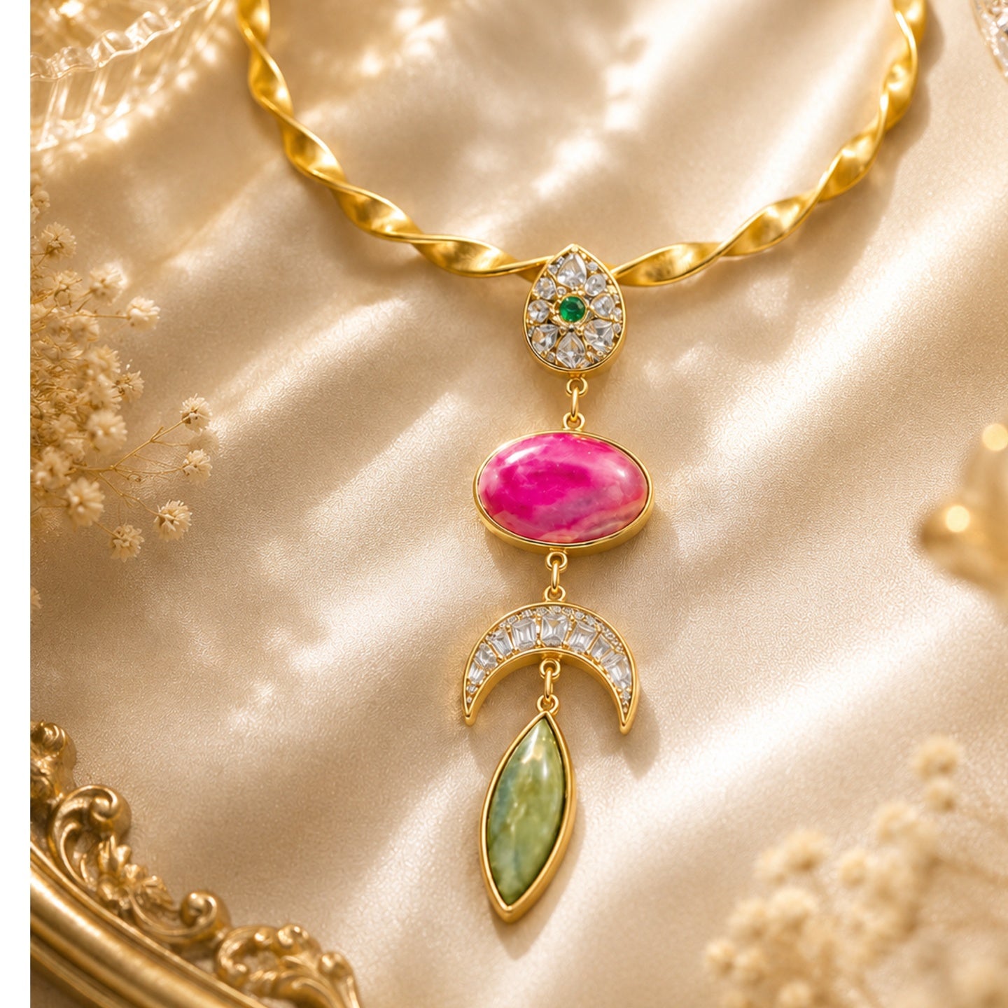 18 Kt Gold Plated Pink Agate Statement Hasli Necklace for Women - Decorated with precious stones with mosonite - without earrings