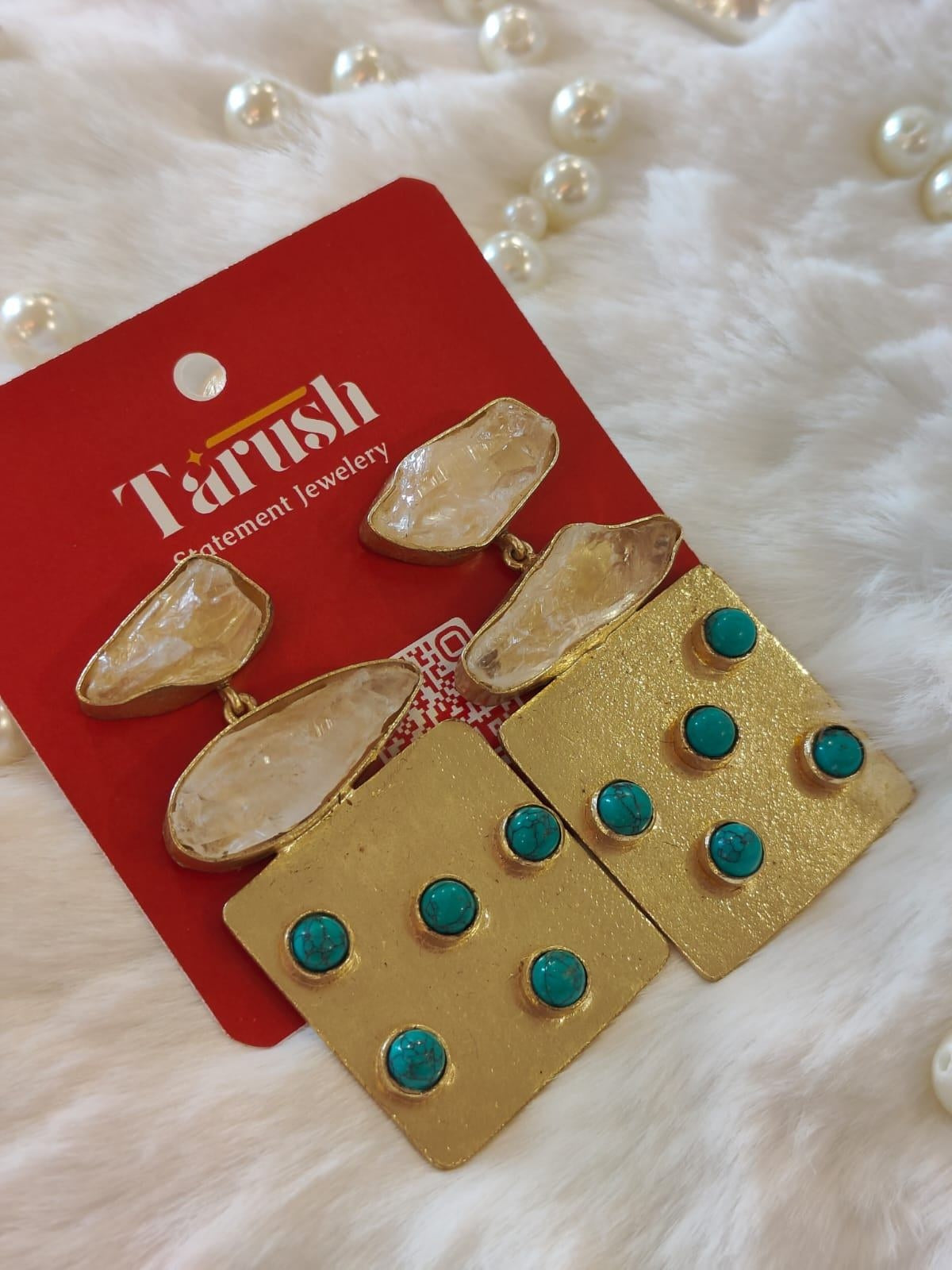 18 Kt Gold Plated Turquoise earring with square dangler - Make a Statement Semi Precious stone