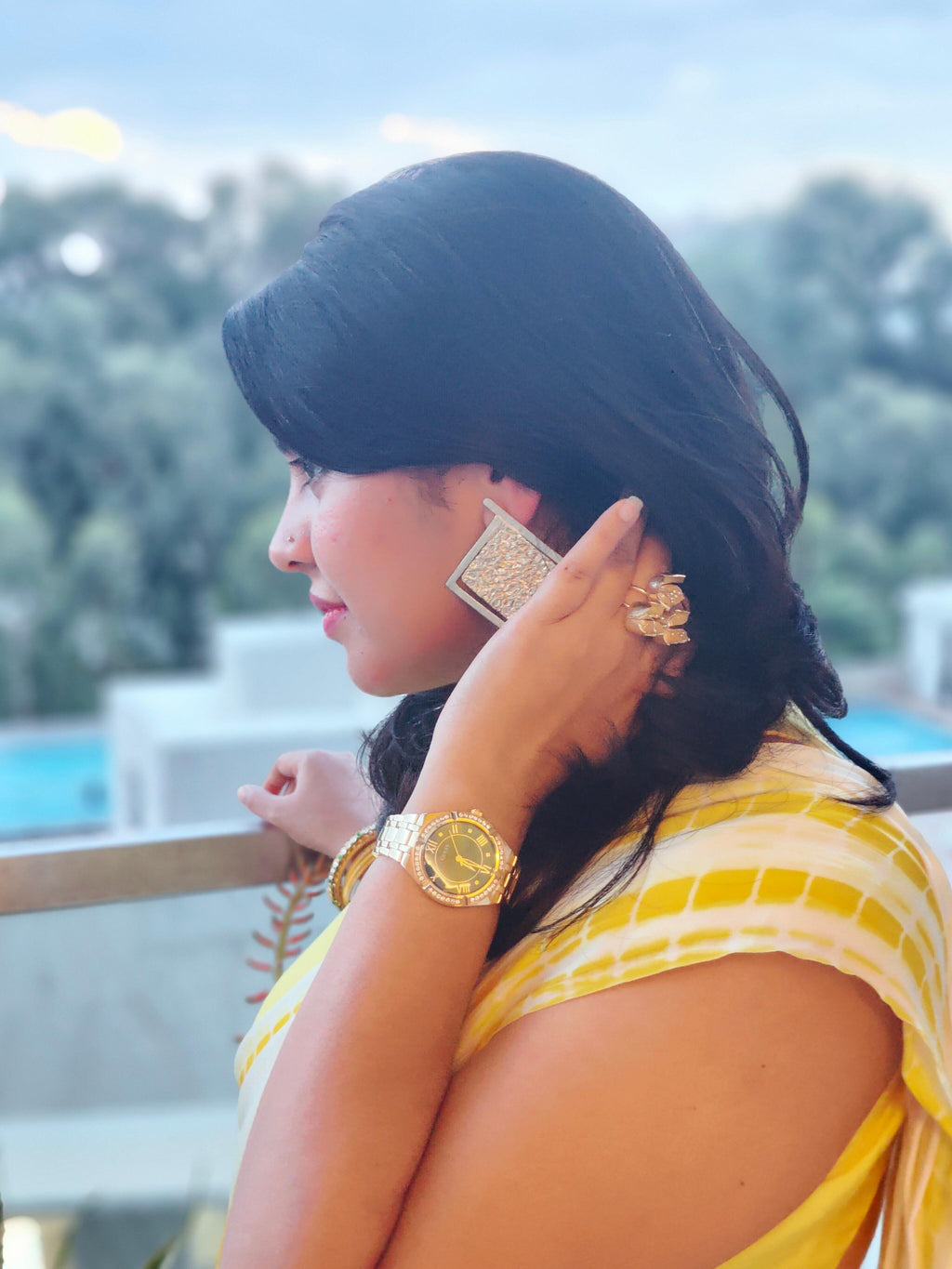 18 Kt Gold Plated - Square earrings - Hand Made - Hammered Texture - Perfect for Your Parties Semi Precious stone