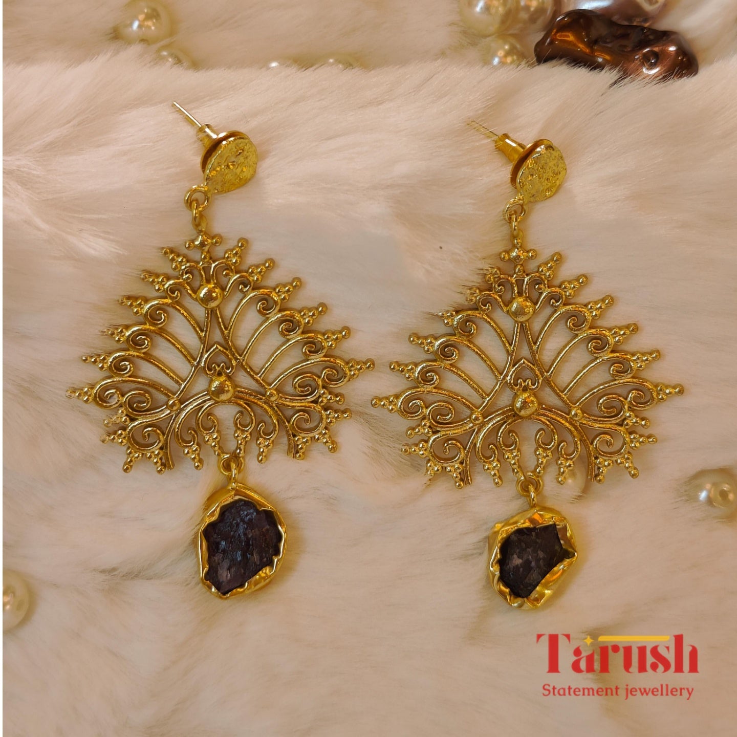 18 Kt Gold Plated Black Earring - Gives a Peacock look - One stone Hanging Earring black Semi Precious stone
