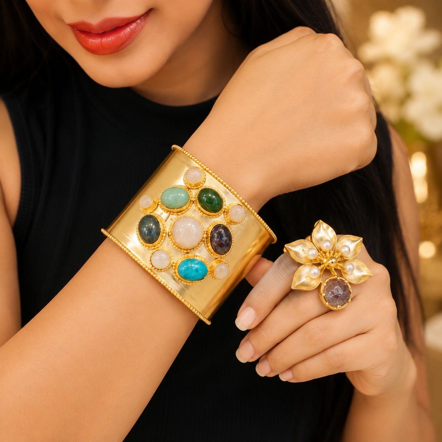 Imperial Gemstone Cuff - 18 Kt Gold Pated - Decorated with Precious Stones - Perfect for all occasions - Adjustable and anti tarnish