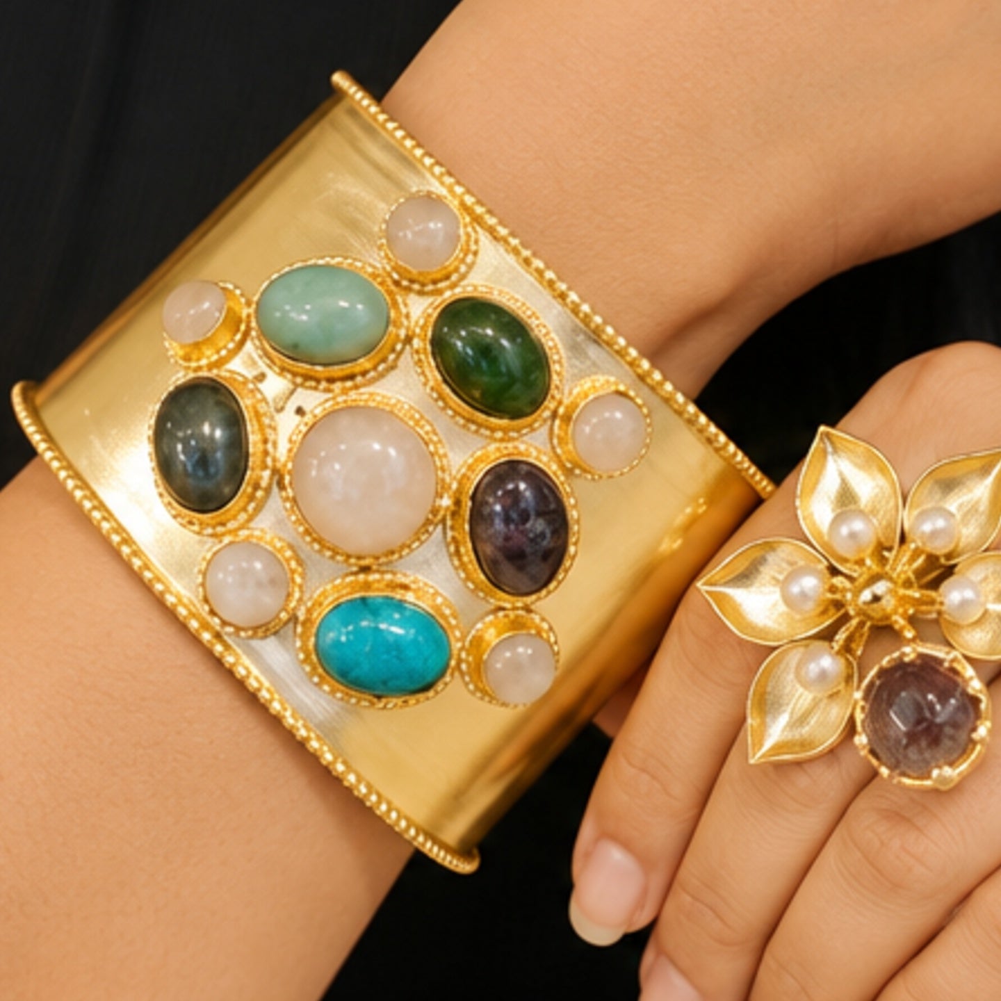 Imperial Gemstone Cuff - 18 Kt Gold Pated - Decorated with Precious Stones - Perfect for all occasions - Adjustable and anti tarnish