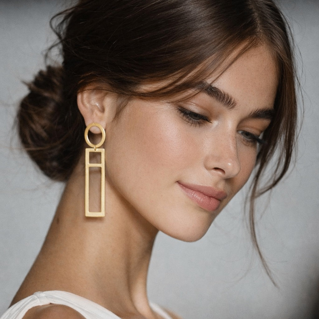 18 Kt Gold Plated Golden long rectangle earring Semi Precious stone