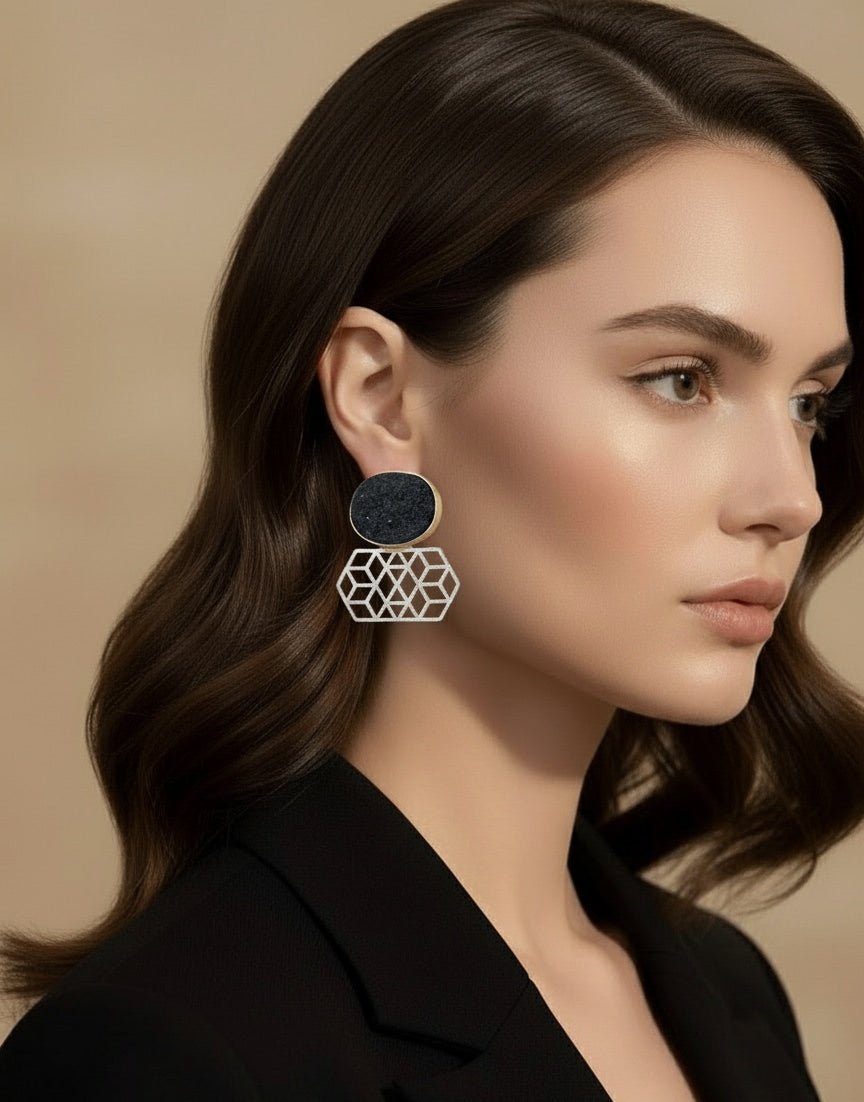 18 Kt Gold Plated Brass Earrings with a black semi-precious stone—lightweight  - Perfect for Your Office Wear Semi Precious stone