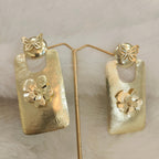 18 Kt Gold Plated Gold big Rectangle with flower earring Semi Precious stone