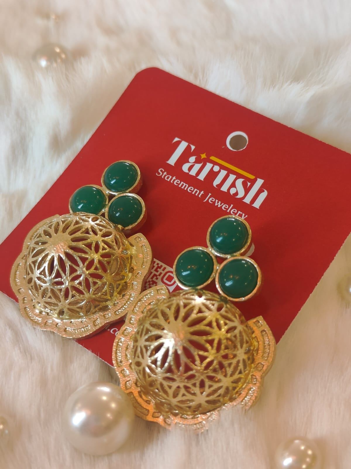 18 Kt Gold Plated Green dome earring Semi Precious stone