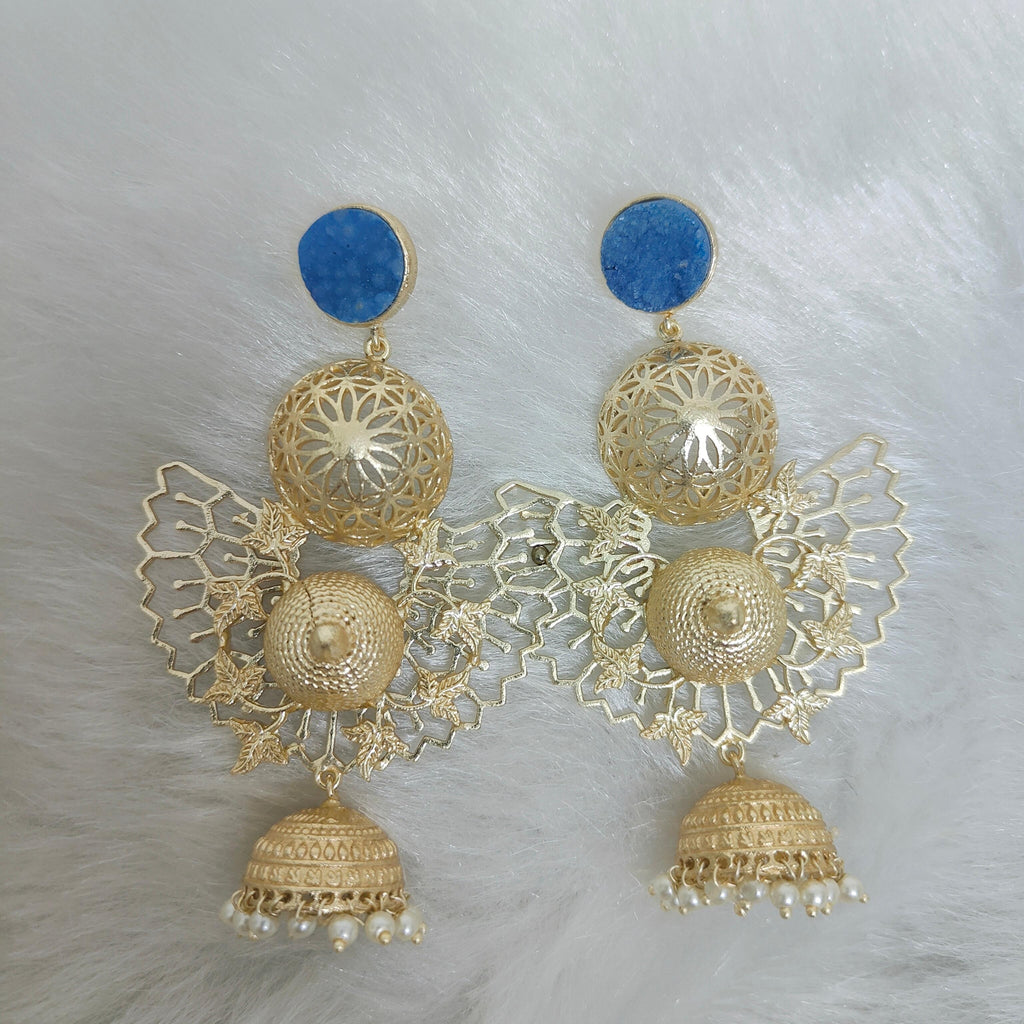 18 Kt Gold Plated, Brass, Blue Butterfly Jhumka Earring - Look Glamorous with These Blue Jhumkas Semi Precious stone