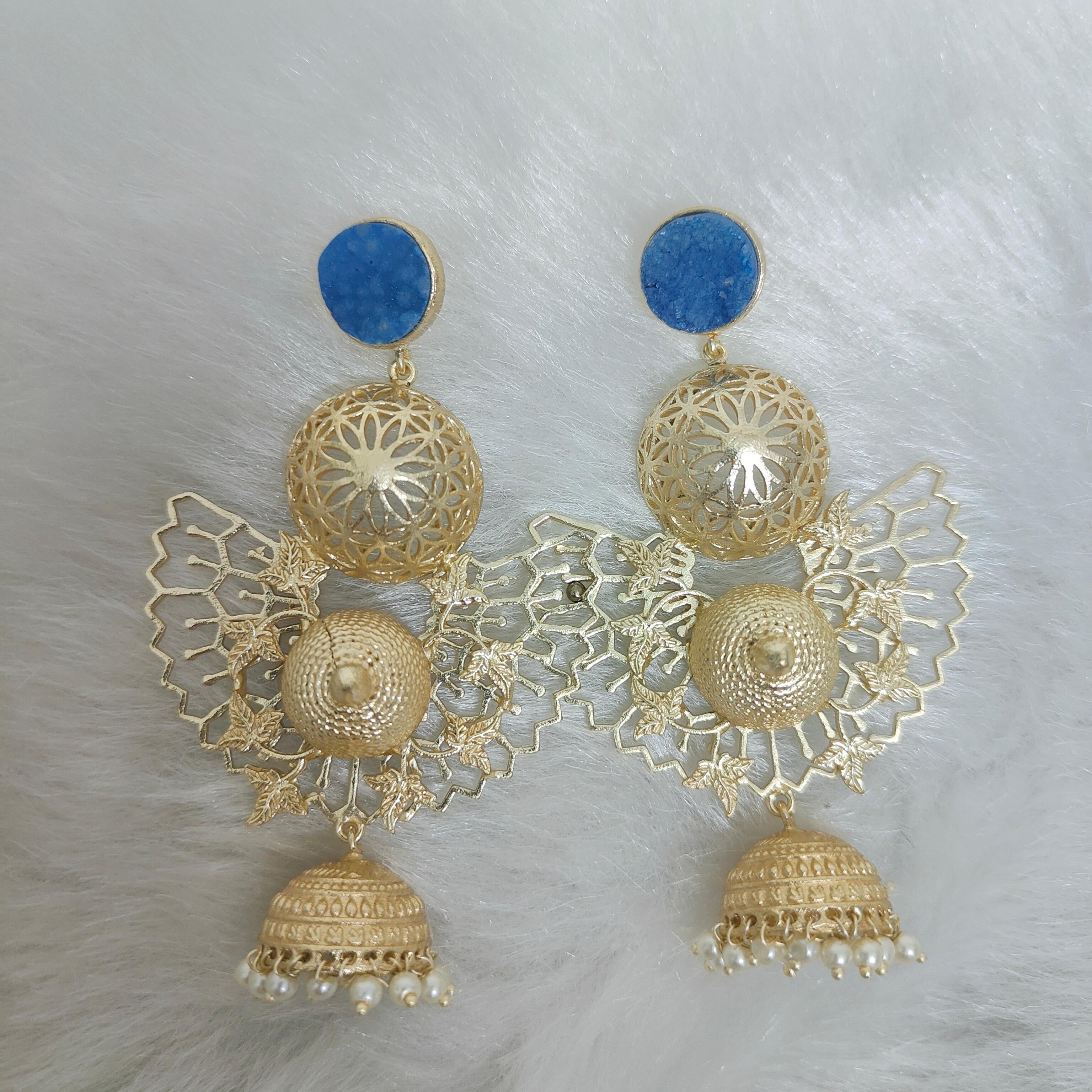 18 Kt Gold Plated, Brass, Blue Butterfly Jhumka Earring - Look Glamorous with These Blue Jhumkas Semi Precious stone