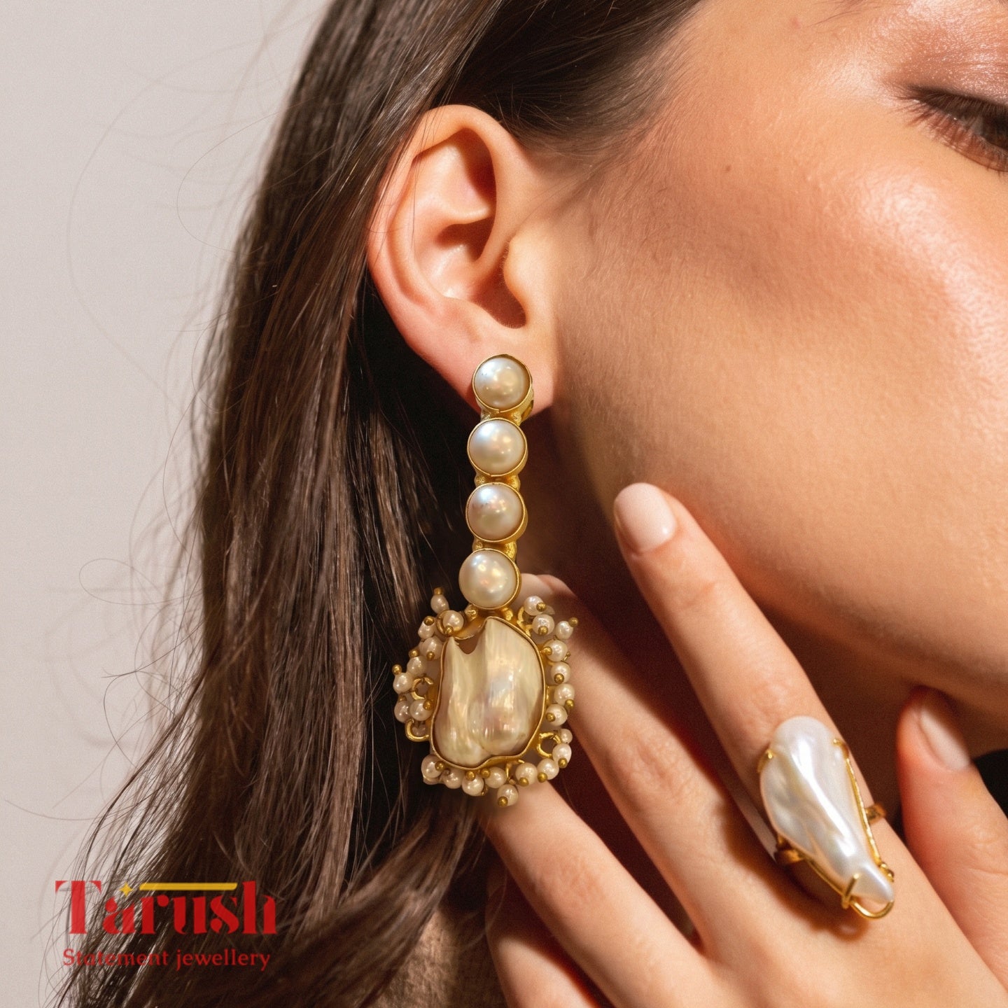 18 Kt Gold Plated Pearl earings with pearl ring Semi Precious stone