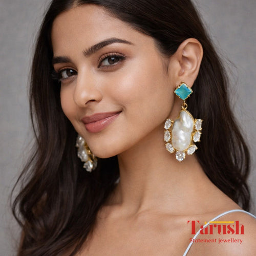 18 Kt Gold Plated  - Mother of Pearl with Blue Studs earrings - Perfect For Your Everyday Look Semi Precious stone