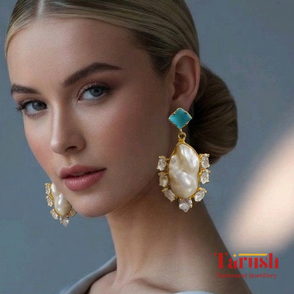 18 Kt Gold Plated  - Mother of Pearl with Blue Studs earrings - Perfect For Your Everyday Look Semi Precious stone