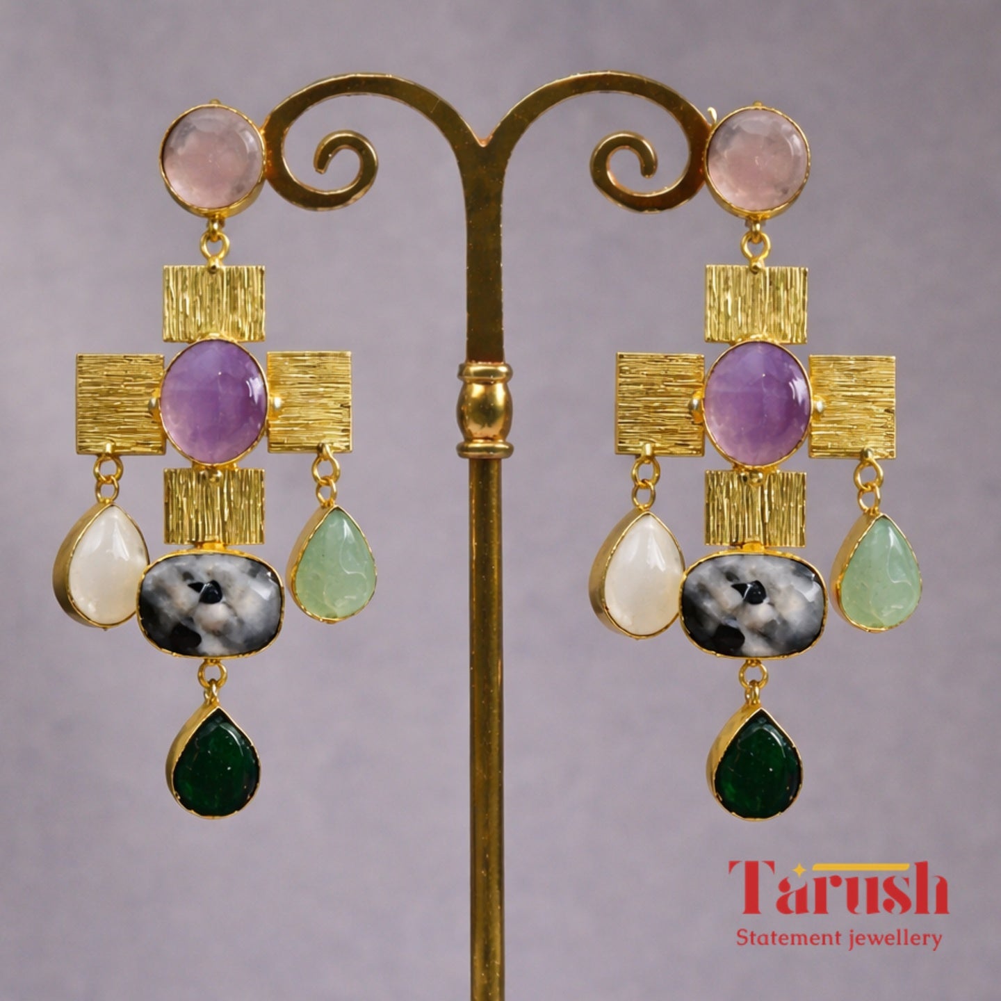 Tarush Multi-Stone Geometric Drop Earrings - Indo-Western Statement Jewellery - Stones Colour May Vary