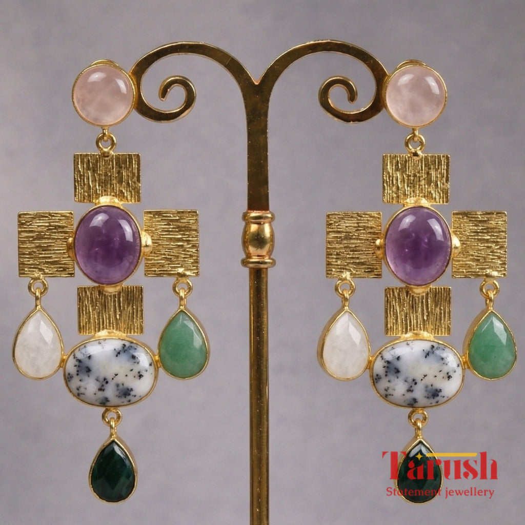 Tarush Multi-Stone Geometric Drop Earrings - Indo-Western Statement Jewellery - Stones Colour May Vary