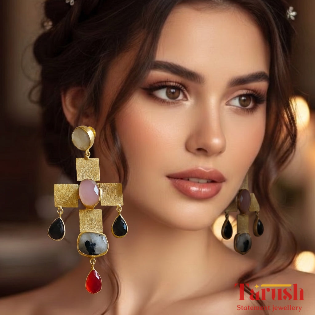 Tarush Multi-Stone Geometric Drop Earrings - Indo-Western Statement Jewellery - (STONES COLOURS MAY VARY)