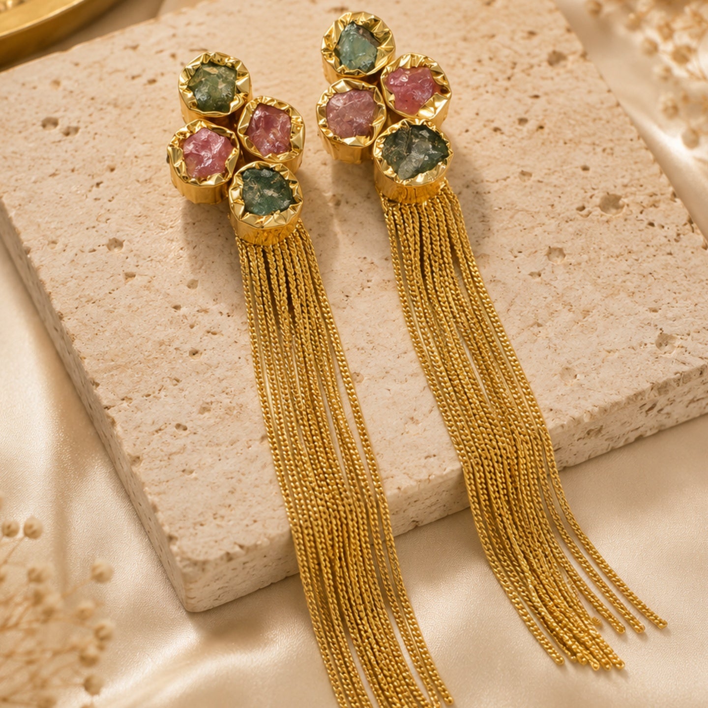 18 Kt Gold Plated Multi Colour Tassel Semi Precious Stone Tassel Earrings for Women - anti tarnish