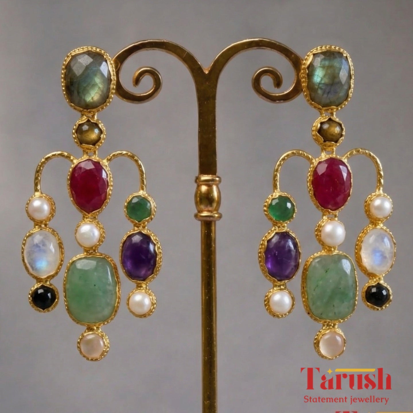 Tarush Premium Multi-Stone Victorian Earrings - Real Gem Stones - Indo-Western Statement Earrings - Stones Colour May Vary