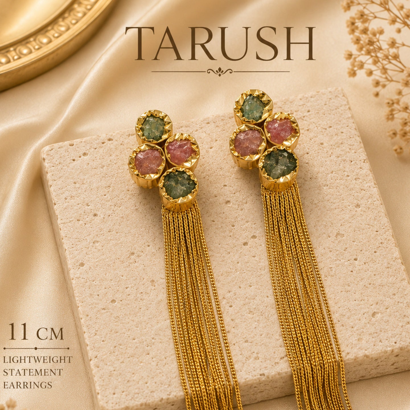 18 Kt Gold Plated Multi Colour Tassel Semi Precious Stone Tassel Earrings for Women - anti tarnish