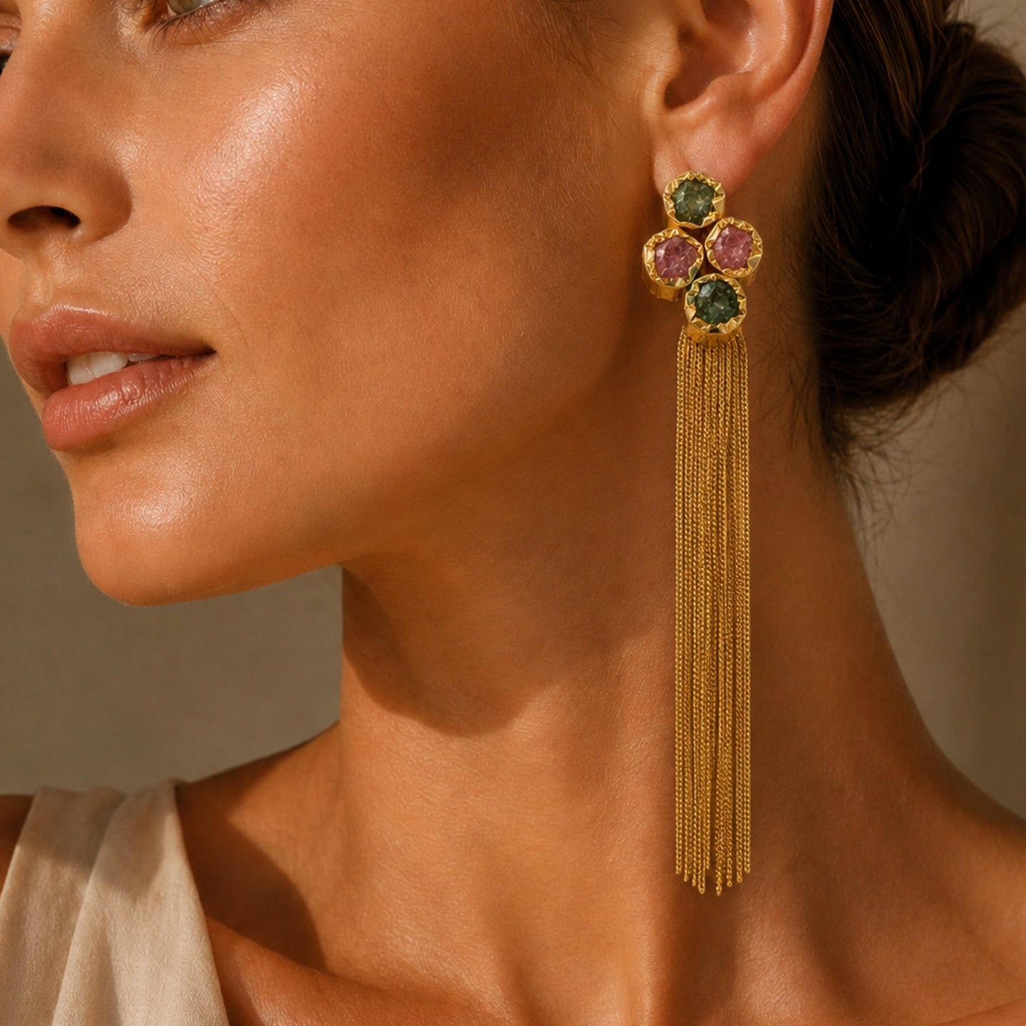 18 Kt Gold Plated Multi Colour Tassel Semi Precious Stone Tassel Earrings for Women - anti tarnish