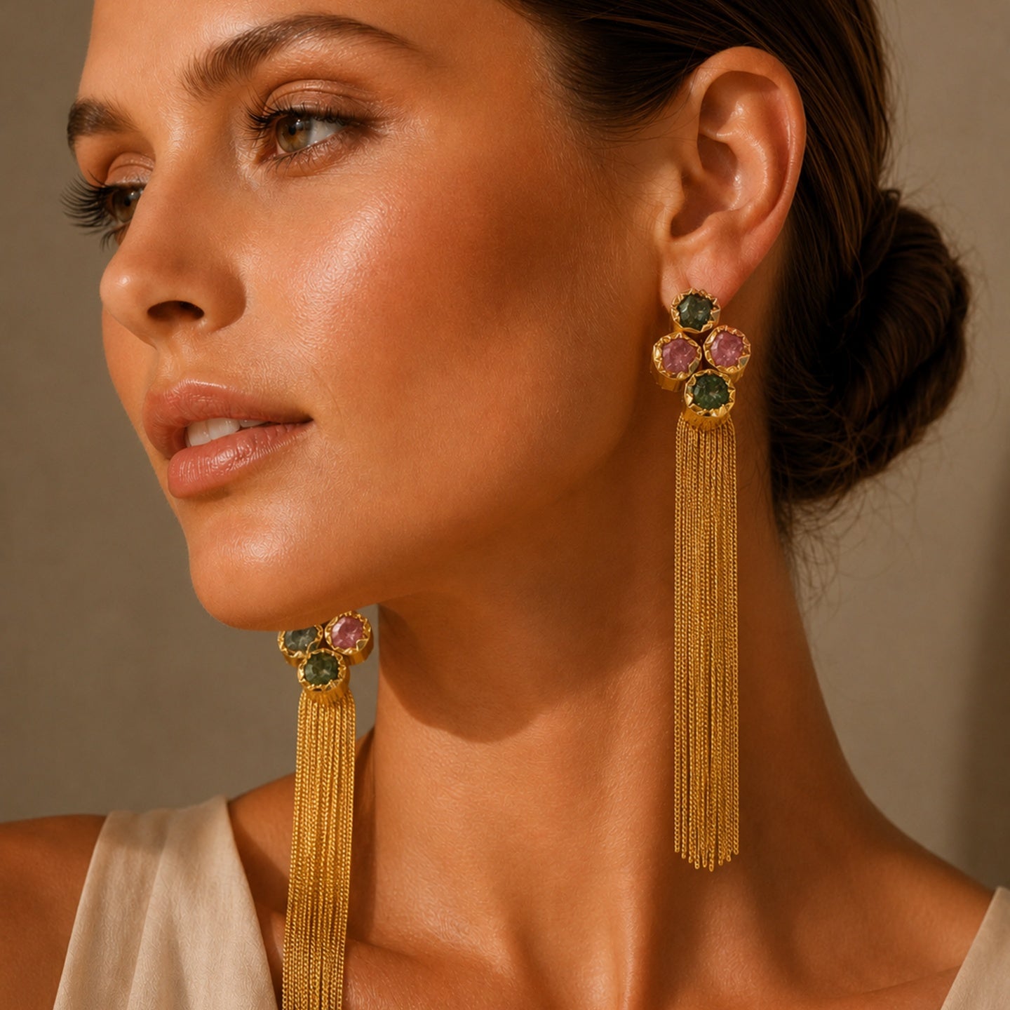 18 Kt Gold Plated Multi Colour Tassel Semi Precious Stone Tassel Earrings for Women - anti tarnish