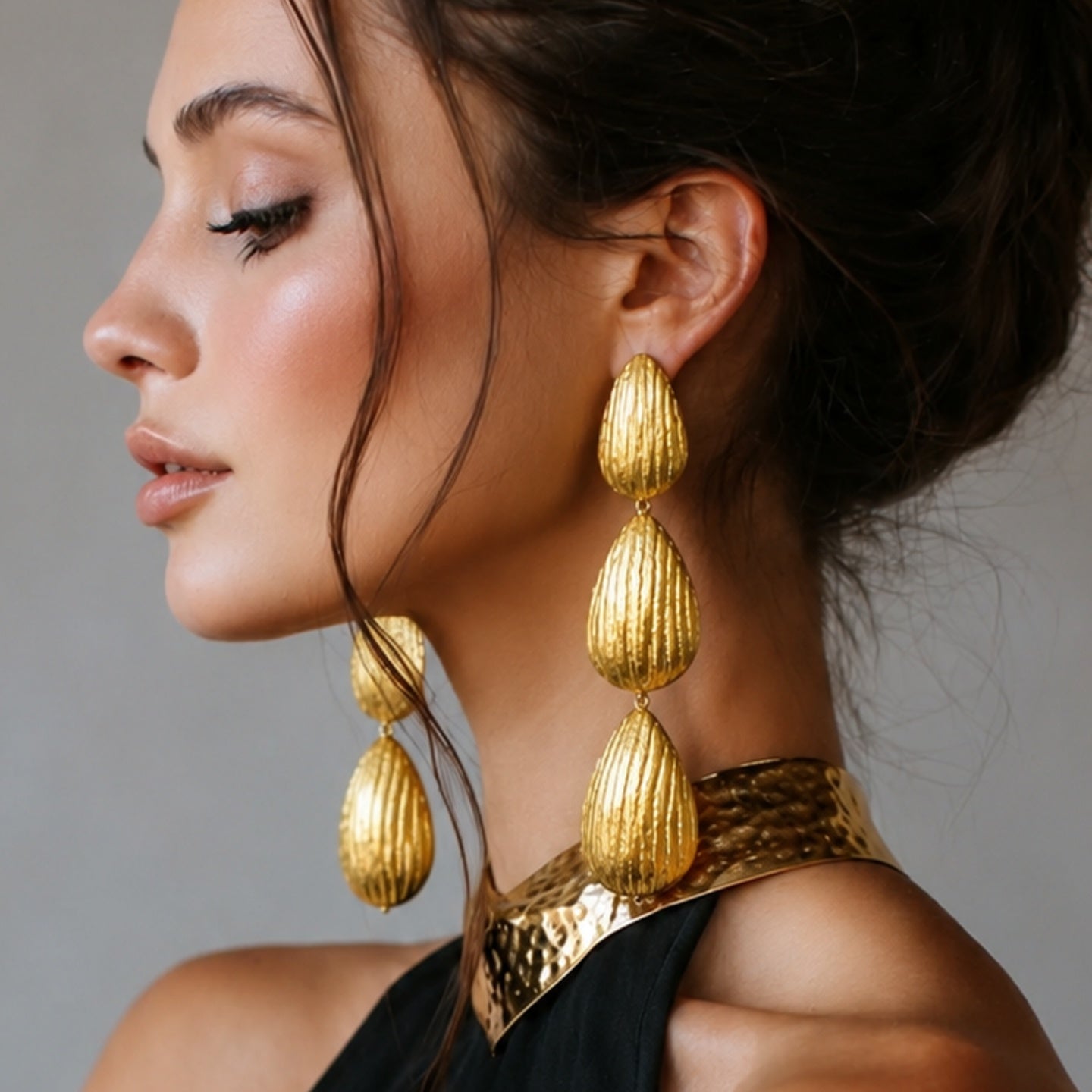 Gold Plated Bold Gold earrings , 18 Kt Gold Plated Textured Triple Drop Earrings for Women