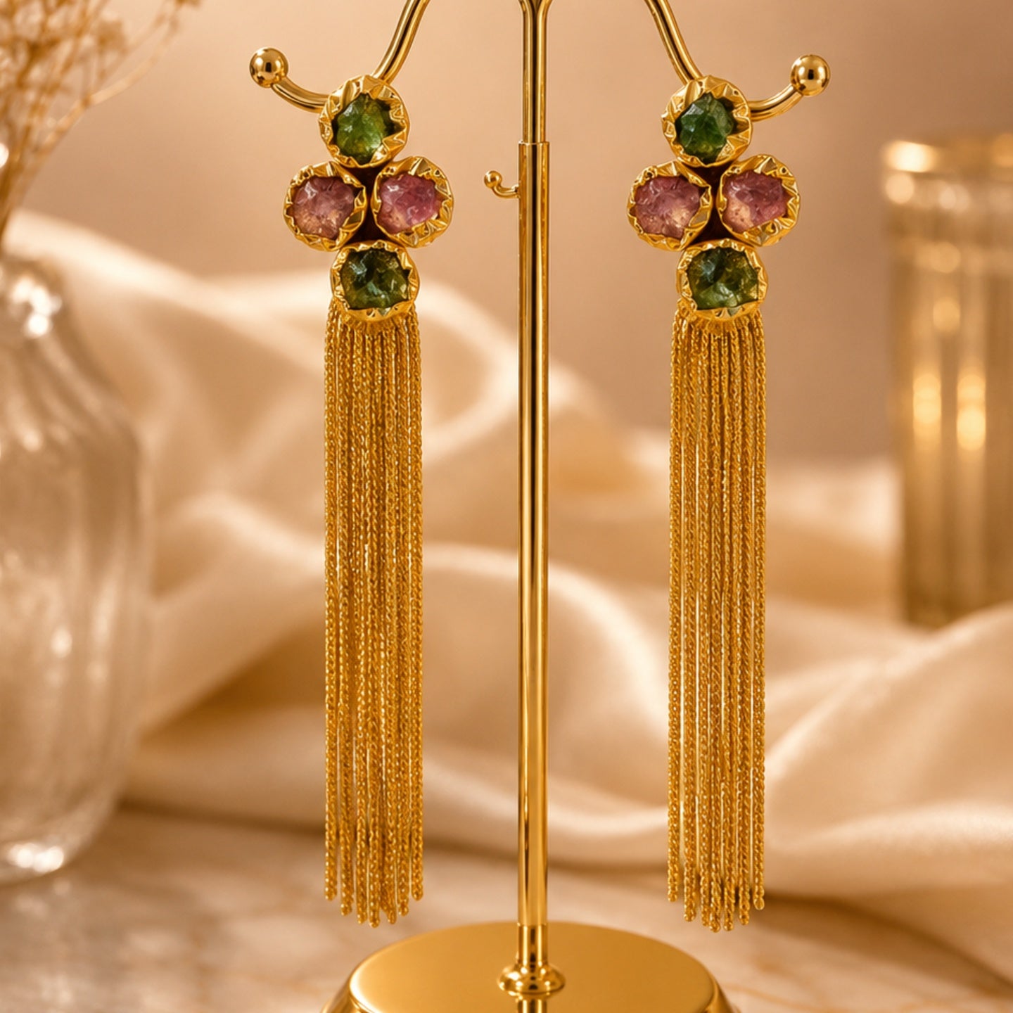 18 Kt Gold Plated Multi Colour Tassel Semi Precious Stone Tassel Earrings for Women - anti tarnish