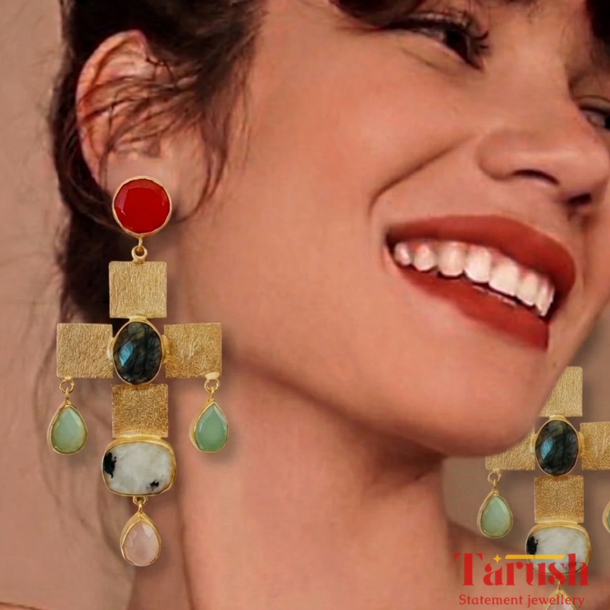 Tarush Multi-Stone Geometric Drop Earrings - Indo-Western Statement Jewellery - (STONES COLOURS MAY VARY)