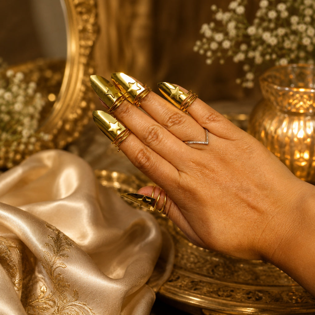 Nails Adjustable Ring made of Brass for that bold look - 10 pc in one set (for 2 hands) 18 Kt Gold Plated Star Shield Fingertip Ring Set for Women