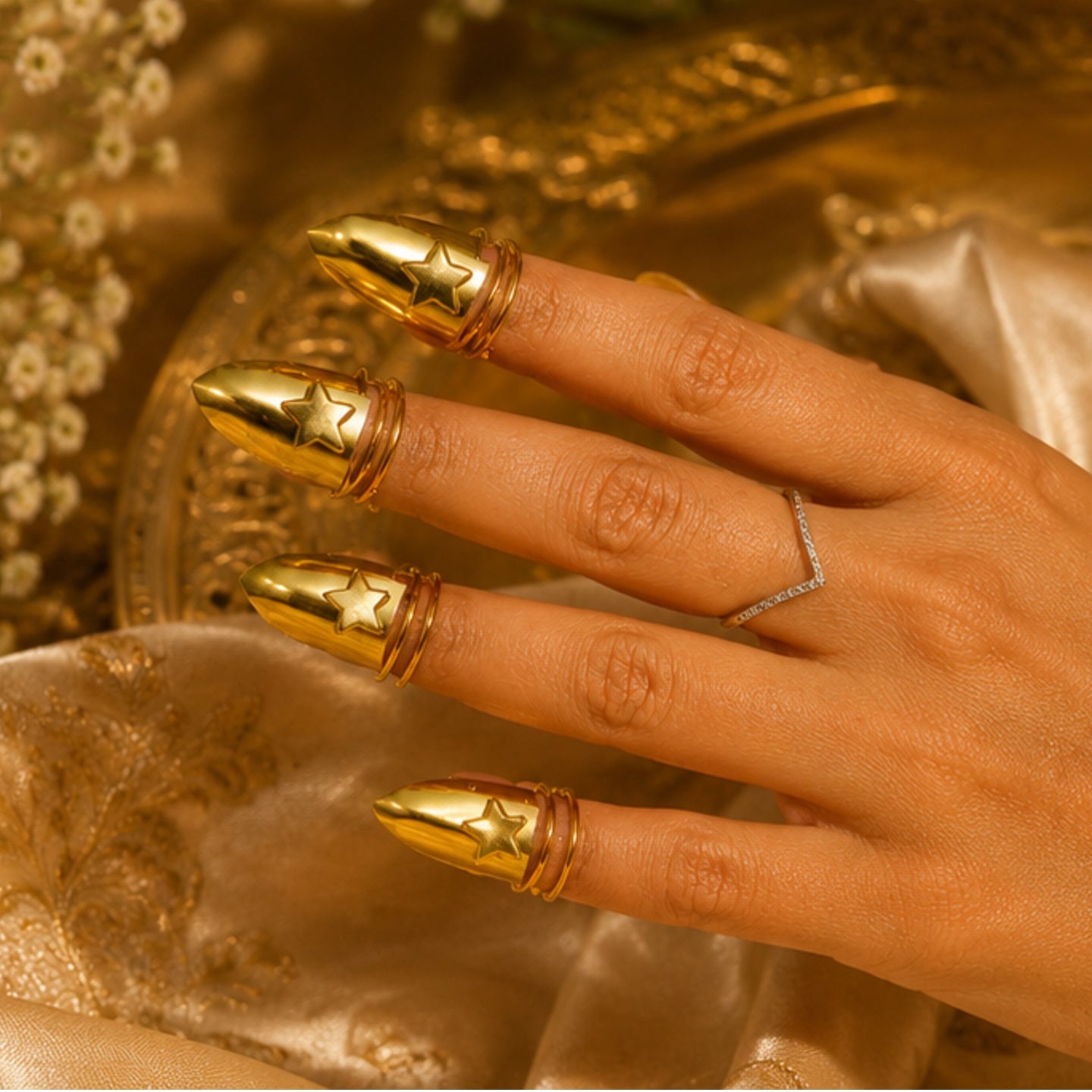 Nails Adjustable Ring made of Brass for that bold look - 10 pc in one set (for 2 hands) 18 Kt Gold Plated Star Shield Fingertip Ring Set for Women