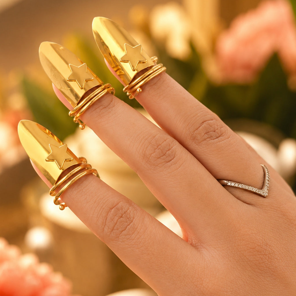 Nails Adjustable Ring made of Brass for that bold look - 10 pc in one set (for 2 hands) 18 Kt Gold Plated Star Shield Fingertip Ring Set for Women