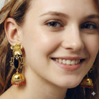 18 Kt Gold Plated Jhumka black and red earring Semi Precious stone