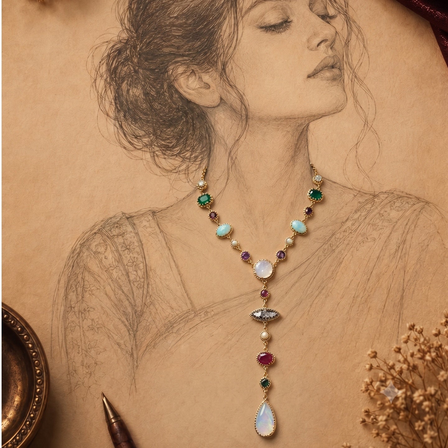 Celestial Cascade Necklace - Multicolour Stones - 18 Kt Gold Plated - decorated with Precious Stones