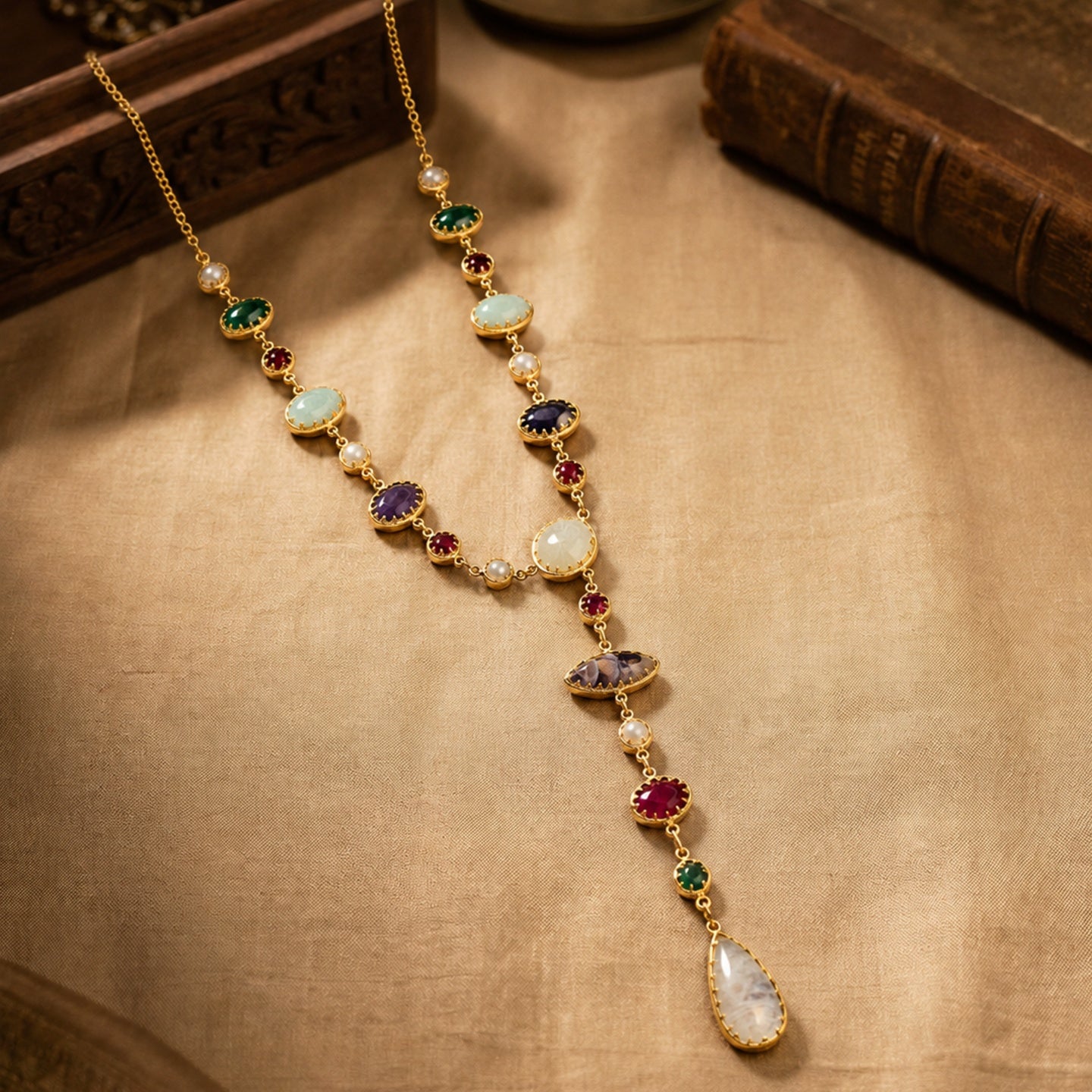 Celestial Cascade Necklace - Multicolour Stones - 18 Kt Gold Plated - decorated with Precious Stones
