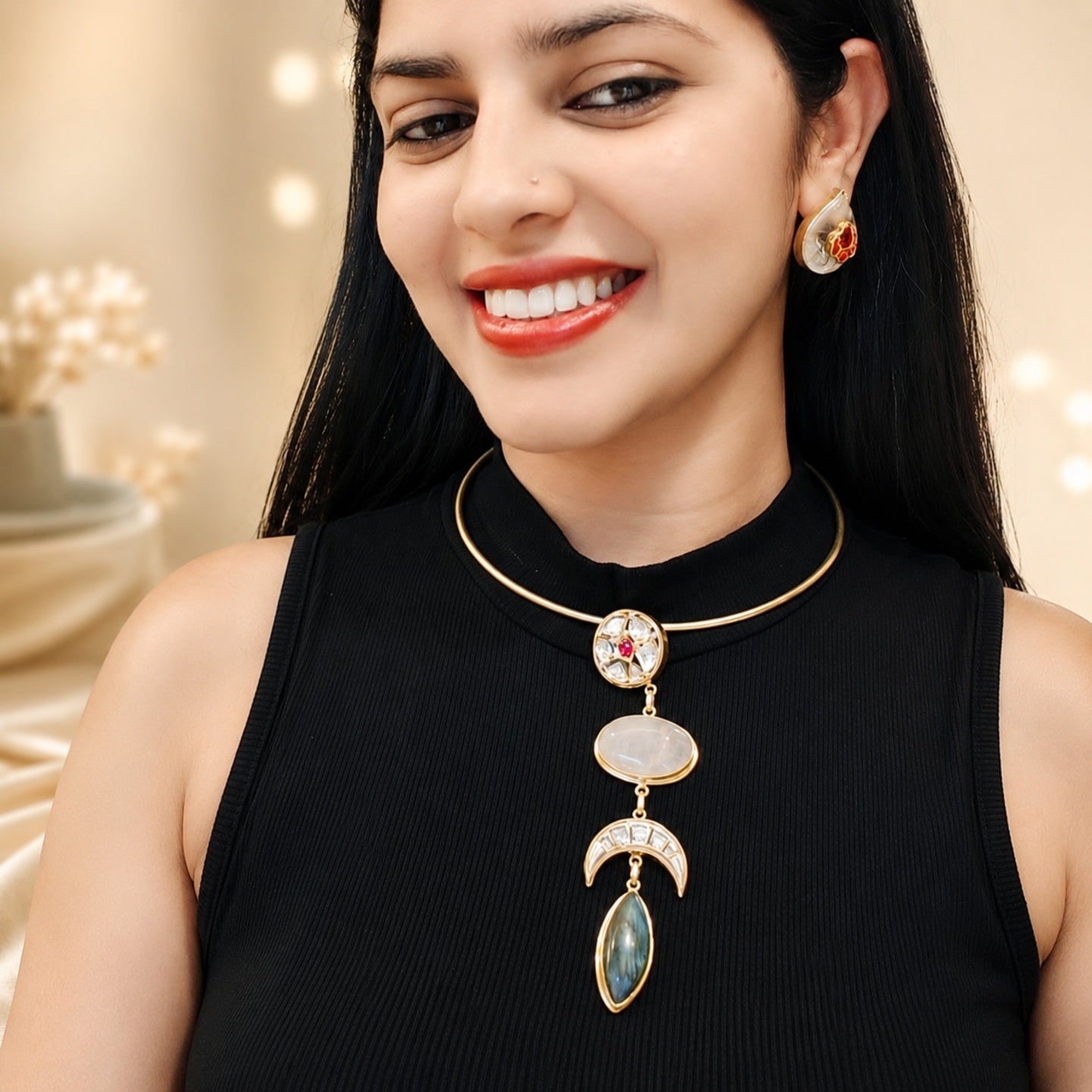 Premium Brass Halsi Necklace - 18 Kt Gold Plated Kundan Royal Statement Hasli for Women