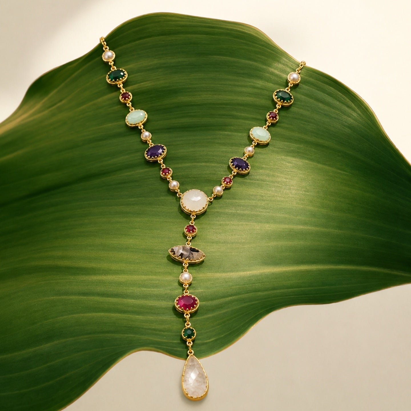 Celestial Cascade Necklace - Multicolour Stones - 18 Kt Gold Plated - decorated with Precious Stones
