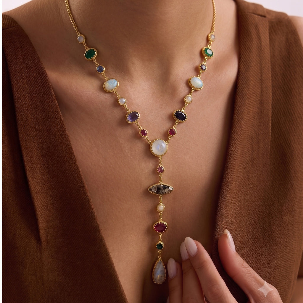Celestial Cascade Necklace - Multicolour Stones - 18 Kt Gold Plated - decorated with Precious Stones
