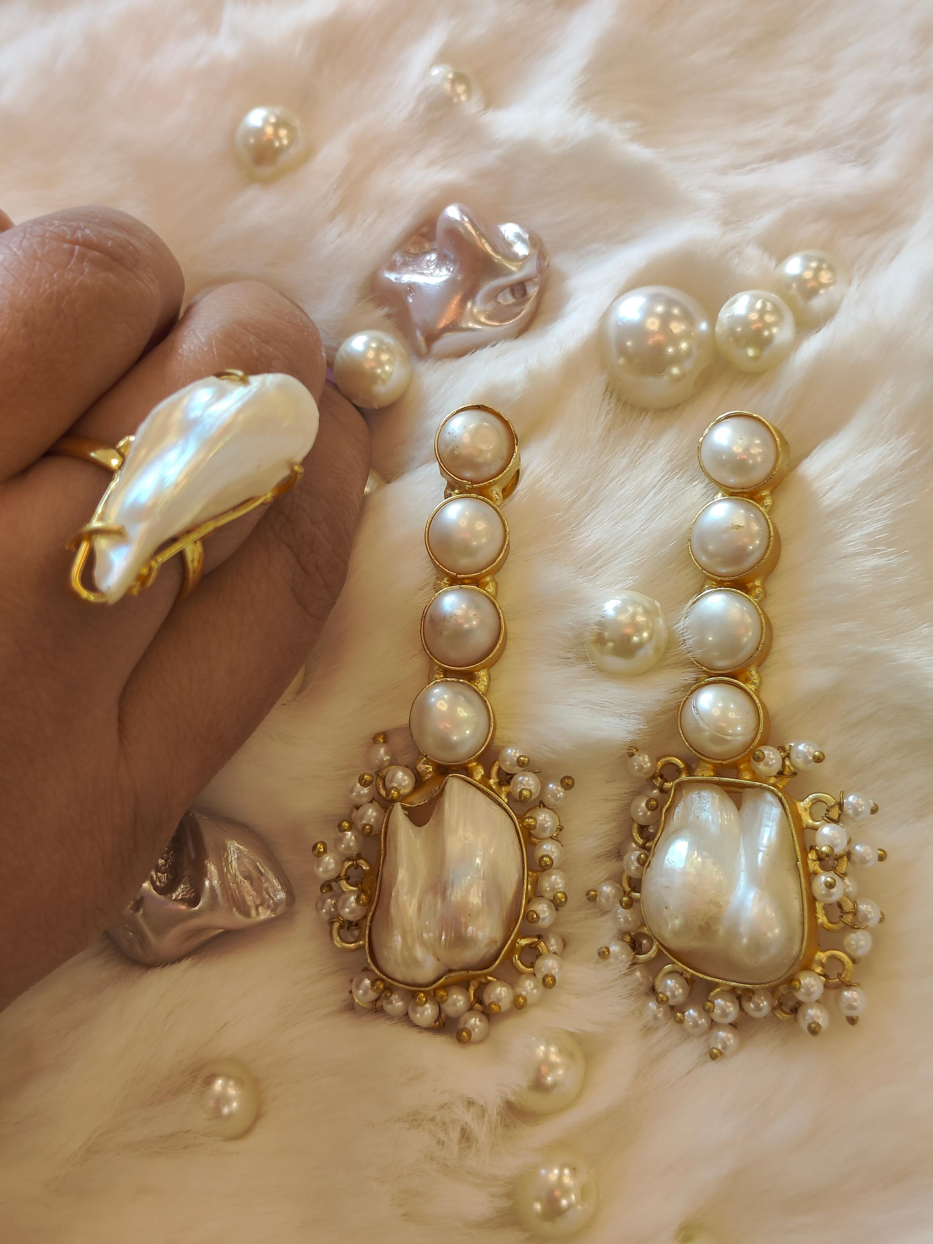 18 Kt Gold Plated Pearl earings with pearl ring Semi Precious stone