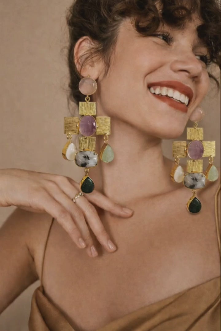 Tarush Multi-Stone Geometric Drop Earrings - Indo-Western Statement Jewellery - Stones Colour May Vary
