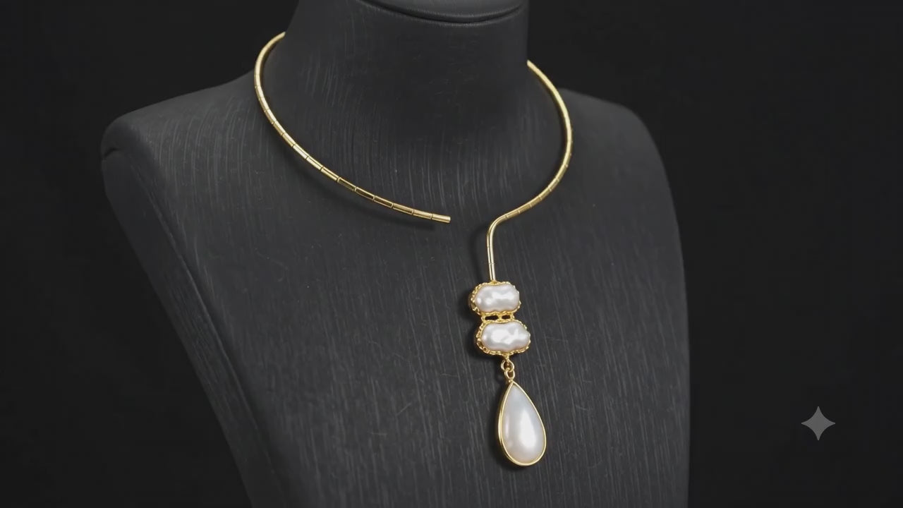 White stone drop with Mother of perl real stones, 18 Kt Gold Plated Pearl & White Stone Pendant Hasli Statement Necklace without earrings for Women