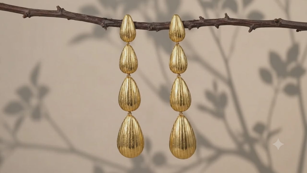 Gold Plated Bold Gold earrings , 18 Kt Gold Plated Textured Triple Drop Earrings for Women
