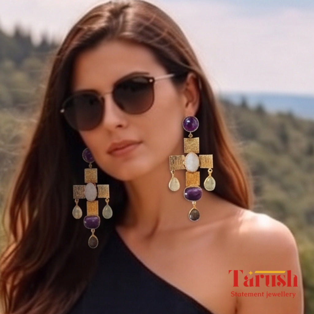 Tarush Multi-Stone Geometric Drop Earrings - Indo-Western Statement Jewellery - (STONES COLOURS MAY VARY)