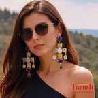 Tarush Multi-Stone Geometric Drop Earrings - Indo-Western Statement Jewellery - (STONES COLOURS MAY VARY)