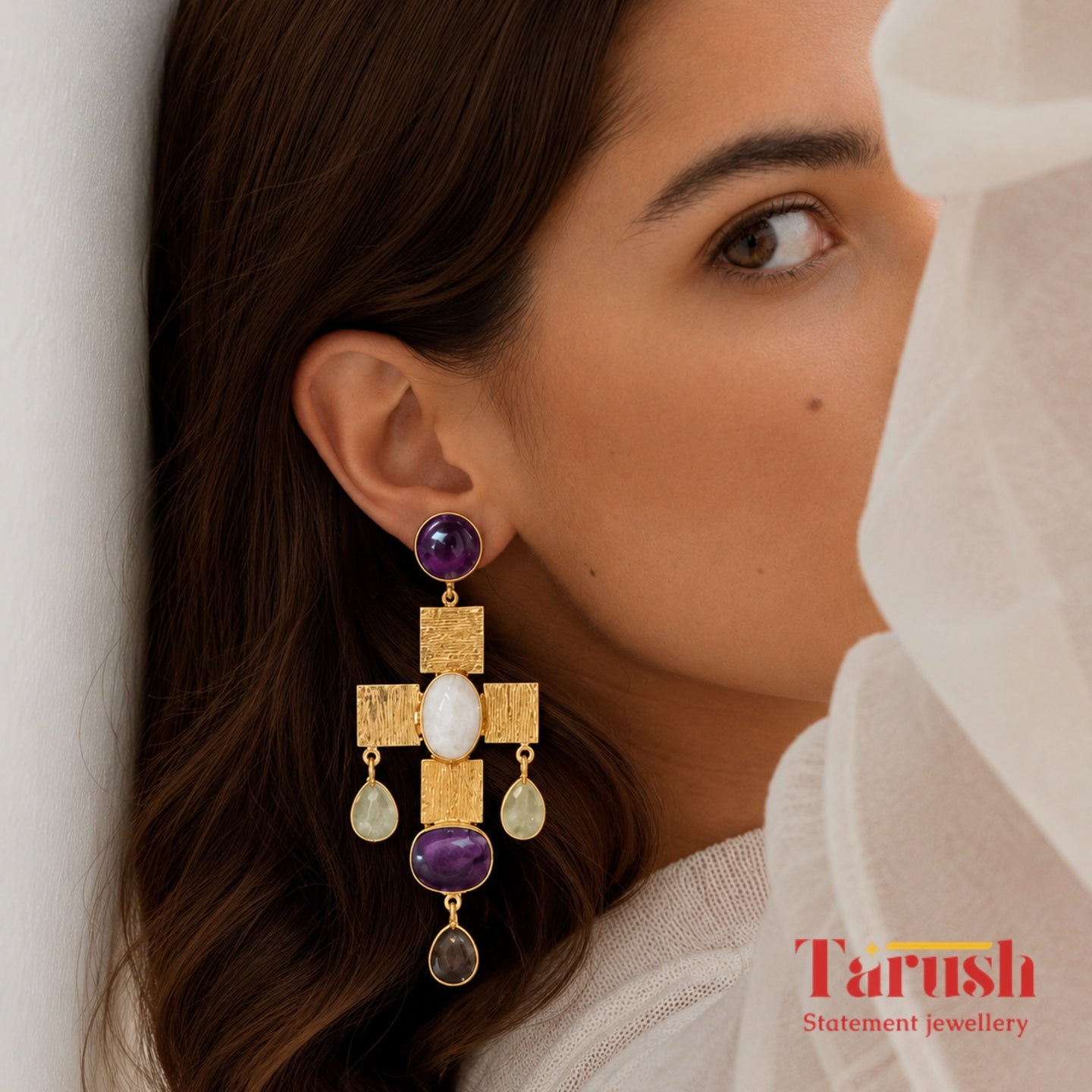 Tarush Multi-Stone Geometric Drop Earrings - Indo-Western Statement Jewellery - Stones Colour May Vary
