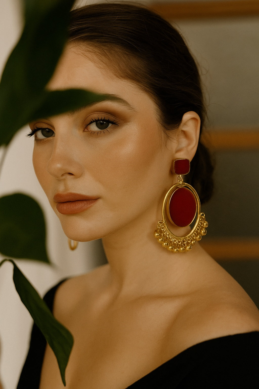 18 Kt Gold Plated Red Ghungroo Jhumka Earring Semi Precious stone