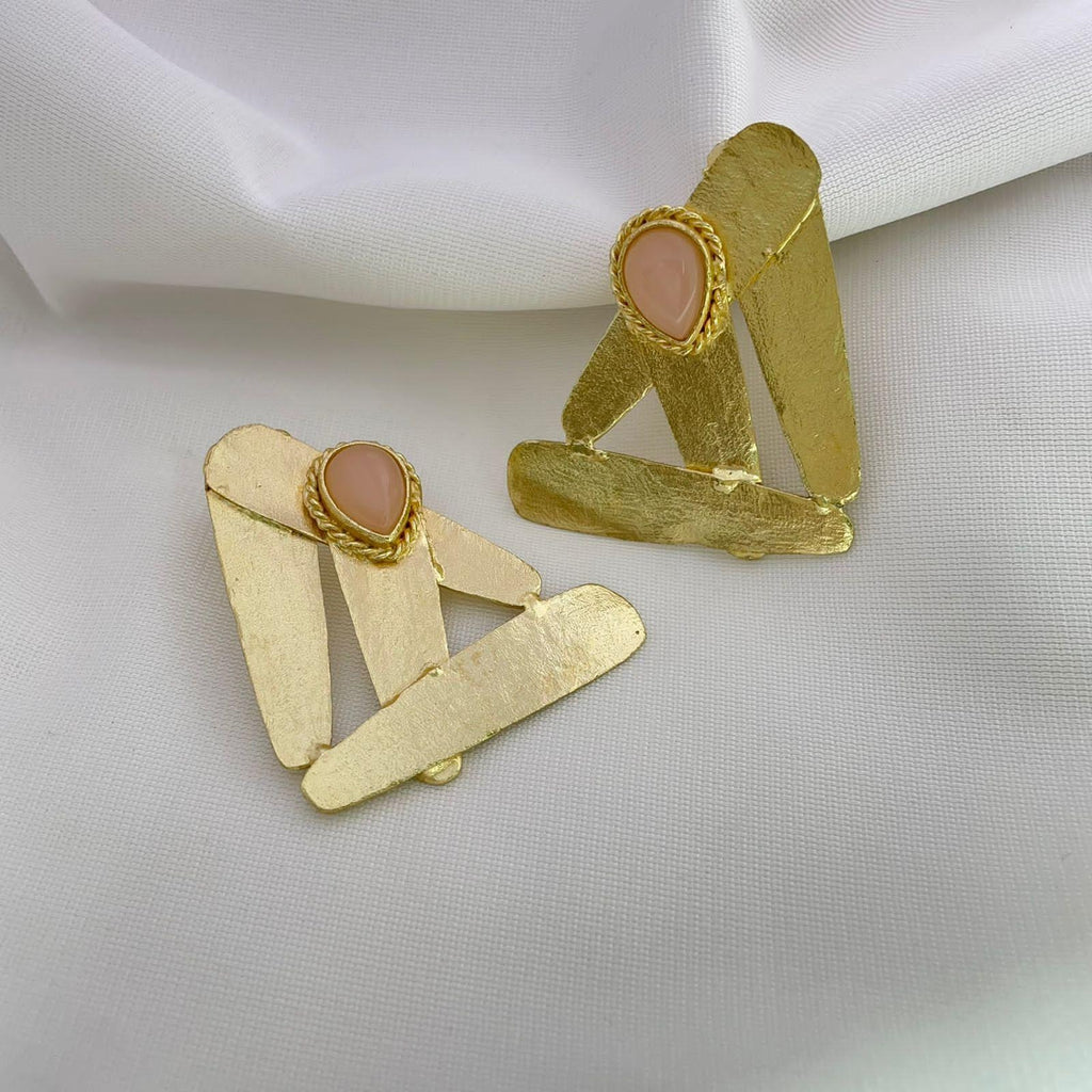 18 Kt Gold Plated Pink abstract triangle earring Semi Precious stone