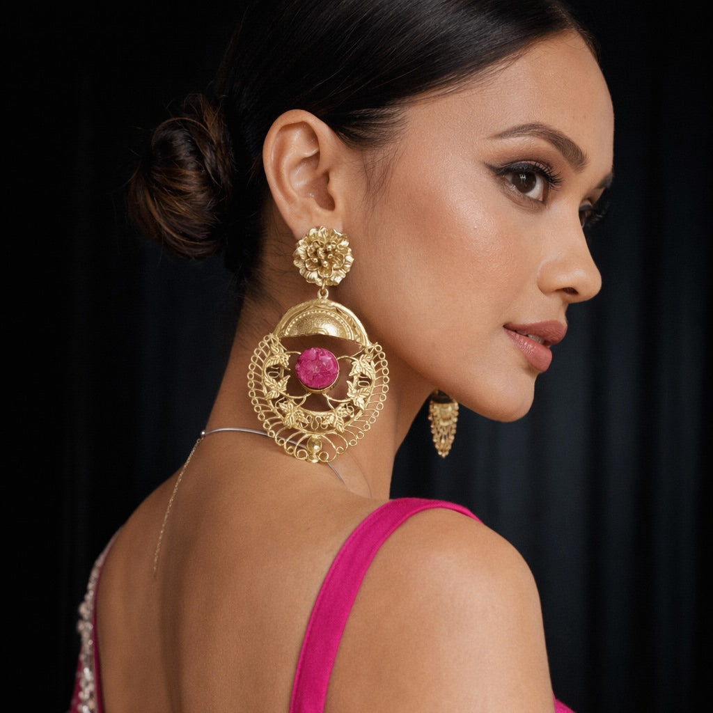 18 Kt Gold Plated Egypt Pink earring Semi Precious stone